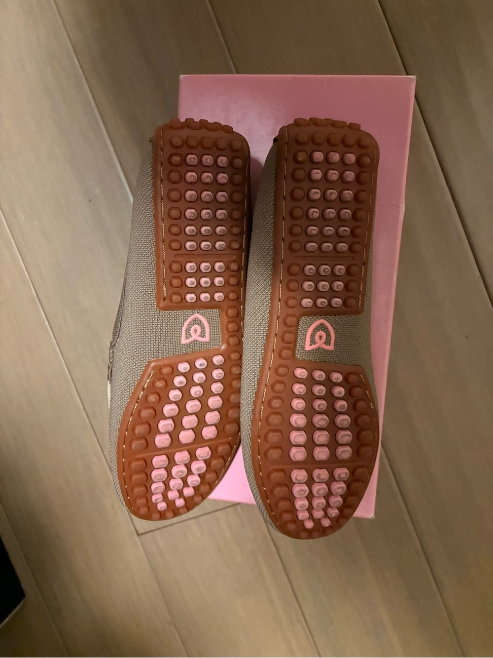 Rothy's Taupe Canvas Driving Moccasins with Pink Grip Pads